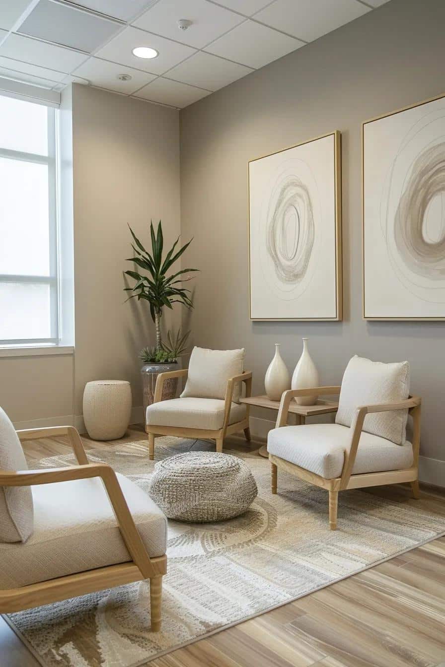 Therapy room with comfortable chairs, decorative plant, and abstract art, creating a calming environment for PTSD and trauma therapy sessions.