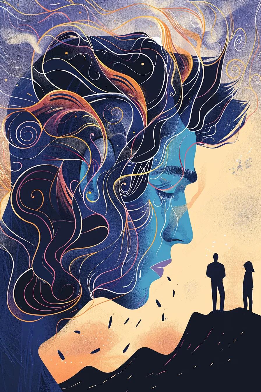 Illustration of a contemplative figure with flowing hair and abstract elements, symbolizing emotional struggles, alongside two silhouetted figures on a mountain, reflecting themes of trauma and recovery in PTSD therapy.