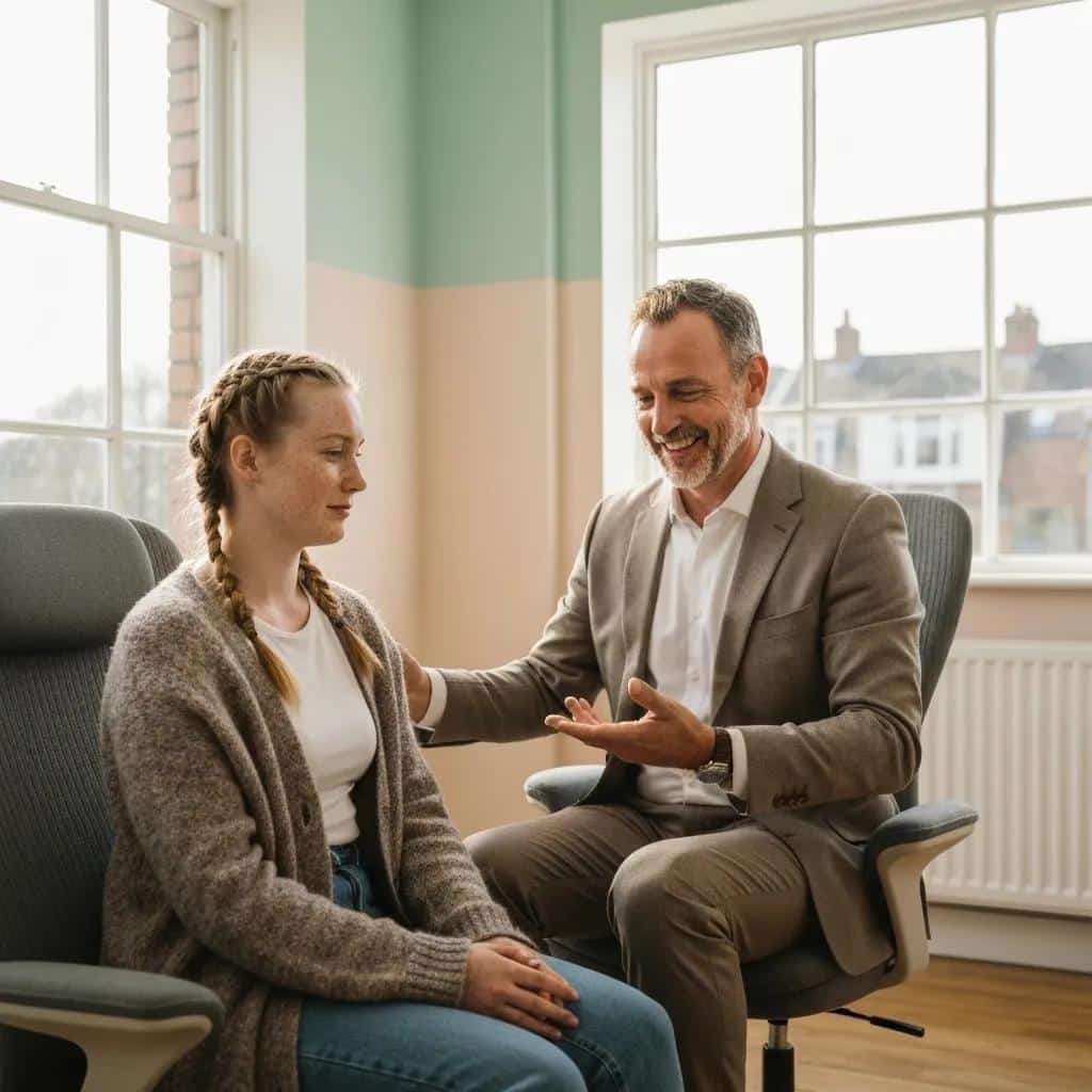 A therapist guiding a client through Havening Techniques with gentle touch during a supportive session