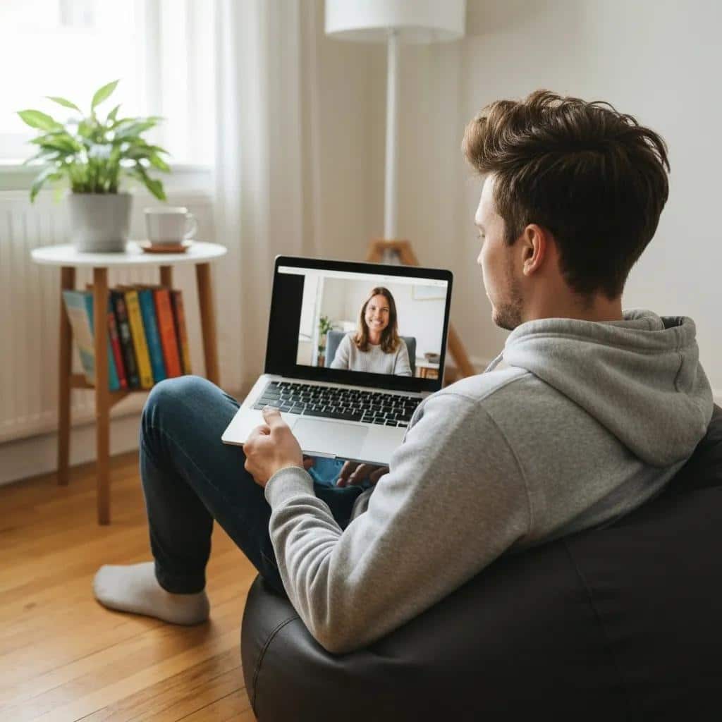 Man participating in online therapy session on laptop, engaging with therapist, comfortable home setting, emphasizing privacy and convenience of virtual PTSD therapy.