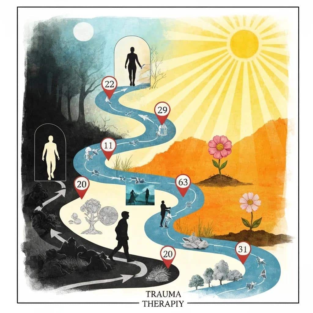 An illustration depicting a client's journey through trauma therapy, highlighting key stages and milestones