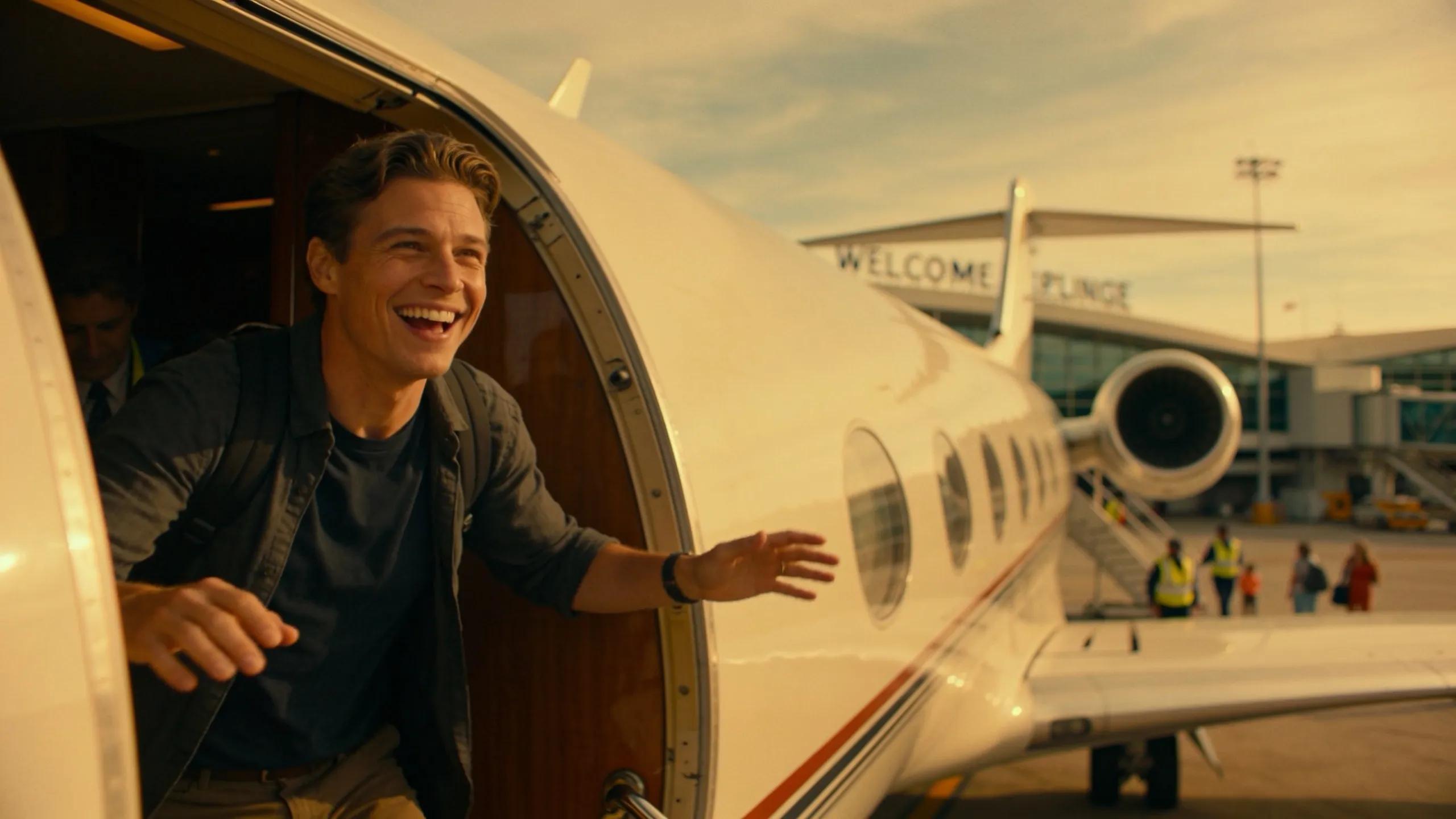 Happy traveler expressing relief after overcoming flight anxiety