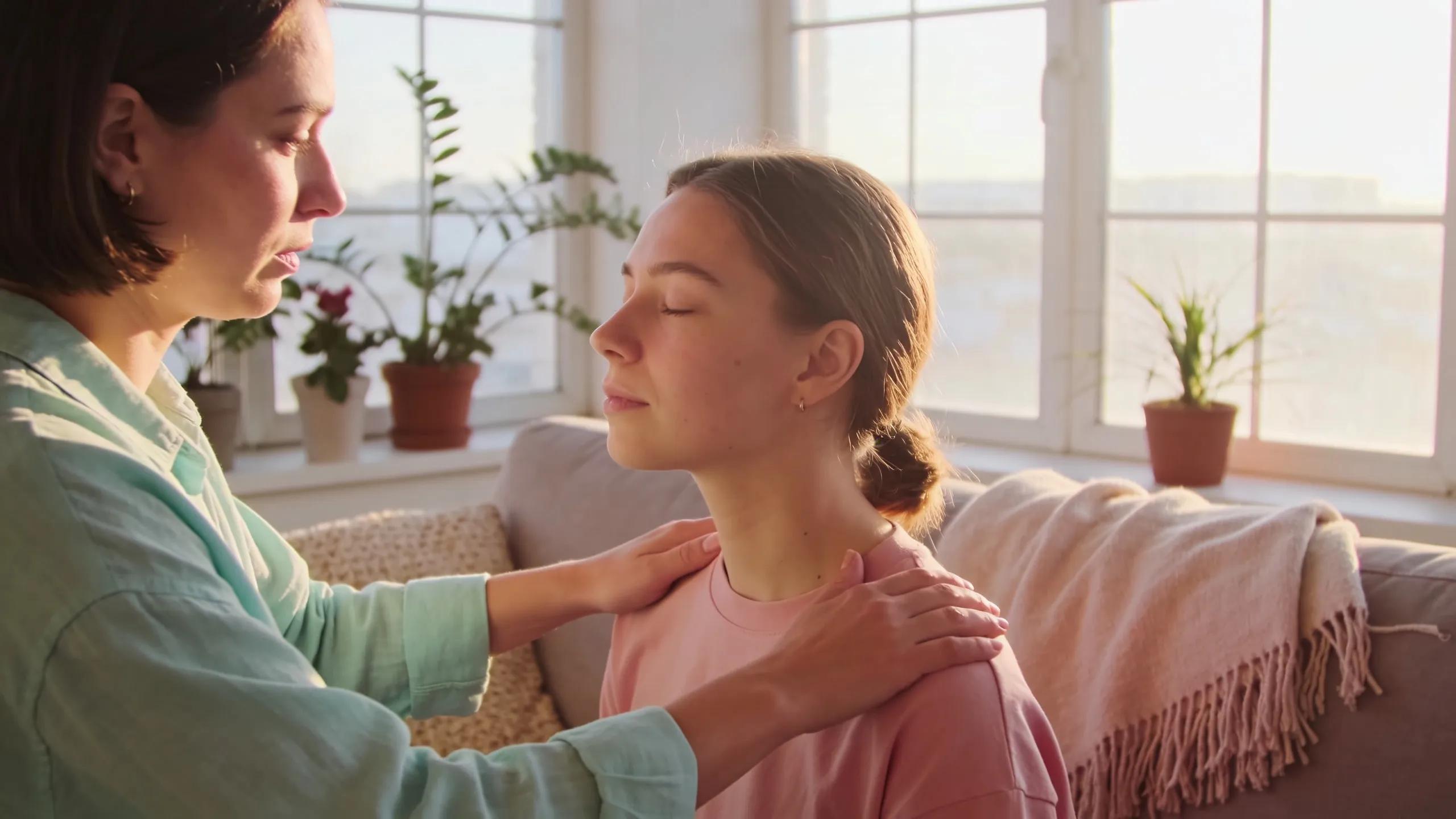 Therapist applying Havening Techniques® to a client, showcasing a supportive therapeutic interaction