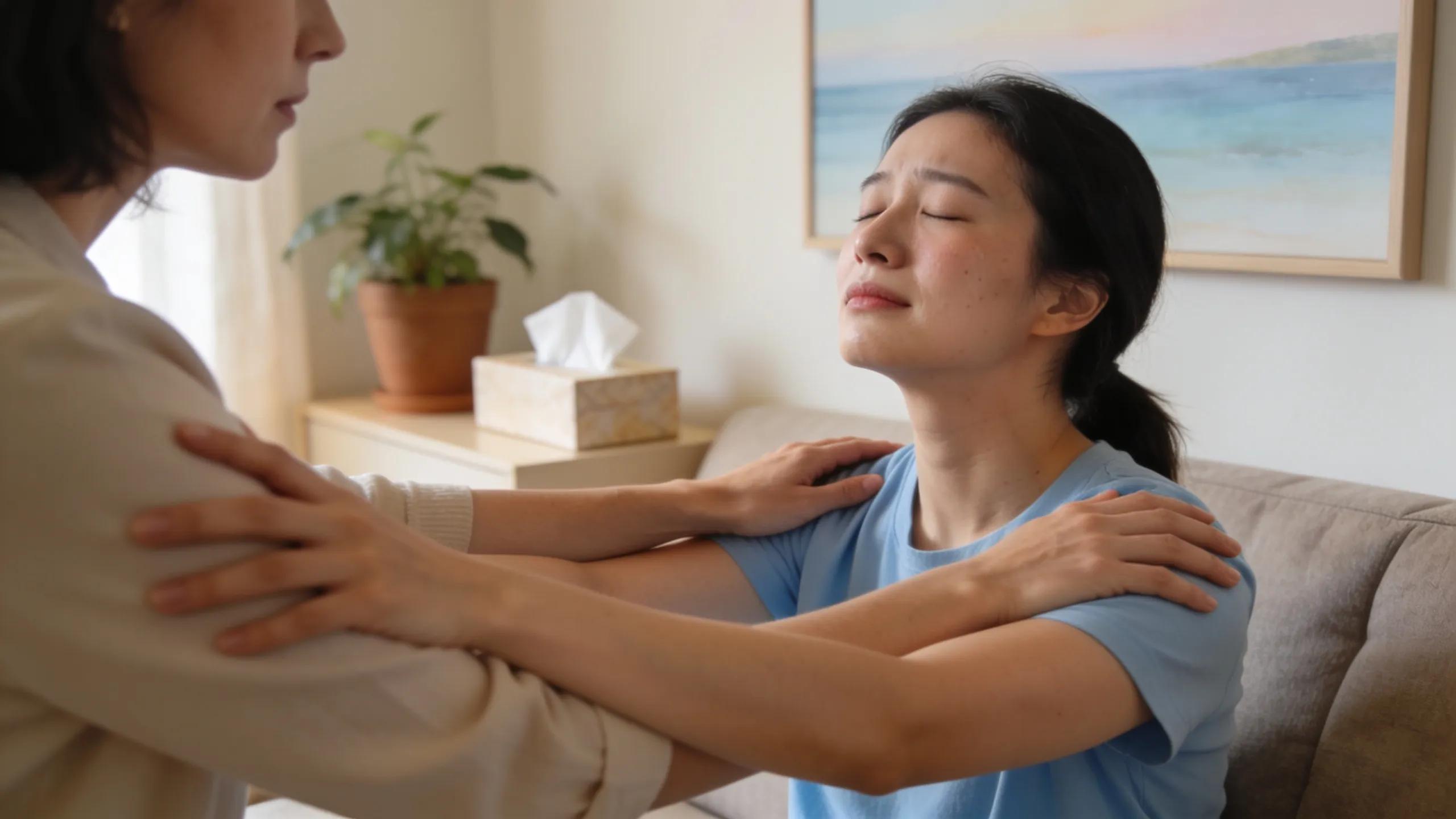 Therapist practising Havening Techniques with a client in a supportive session focused on trauma relief