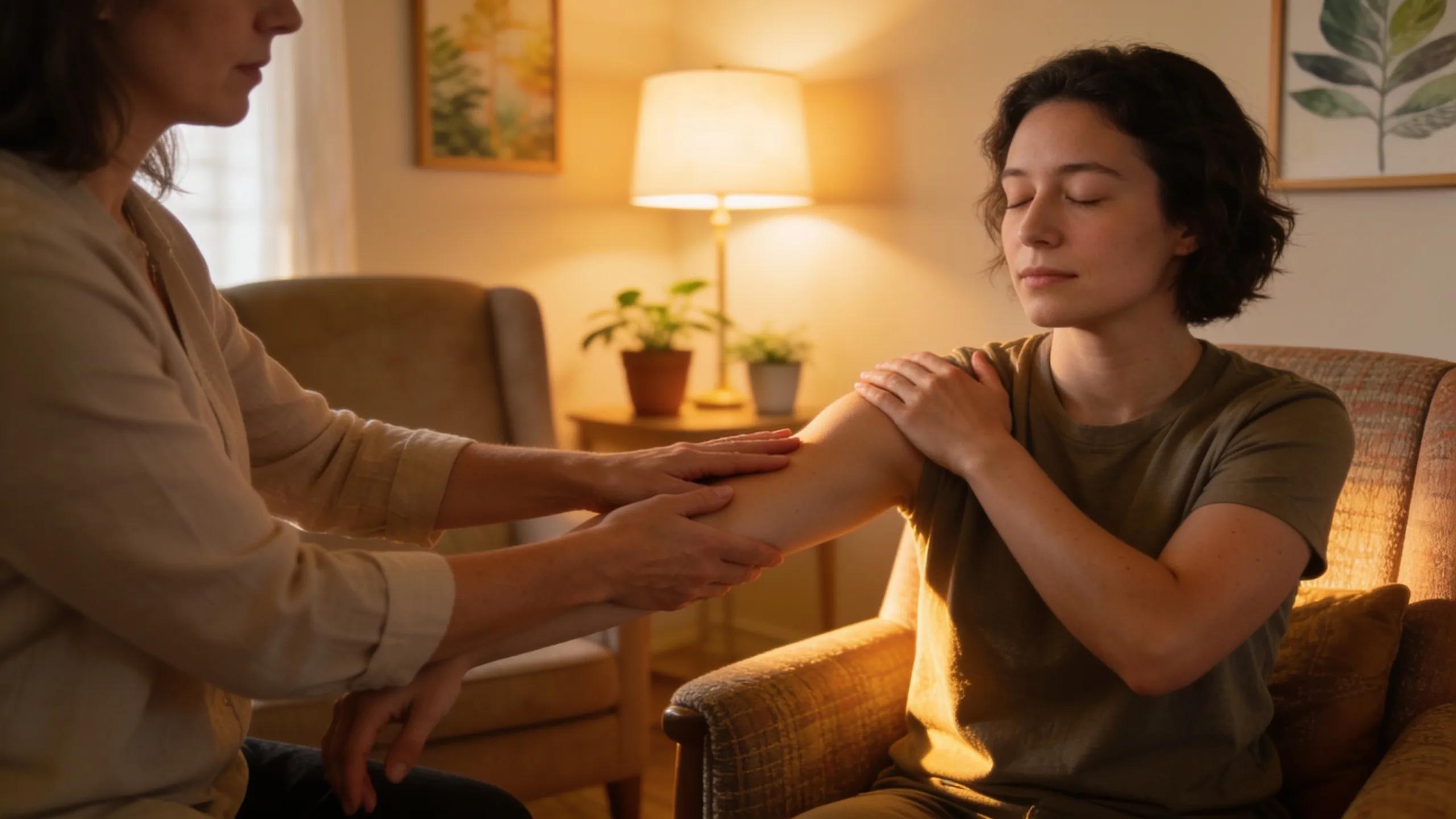 Therapist and client engaged in Havening Techniques, showcasing a supportive environment for PTSD recovery.