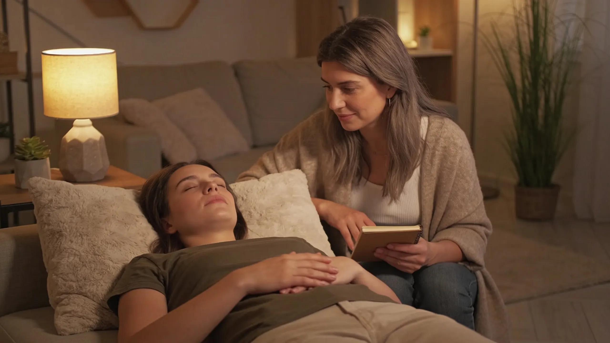 Client engaged in a hypnotherapy session with a therapist, illustrating a state of relaxation and emotional exploration
