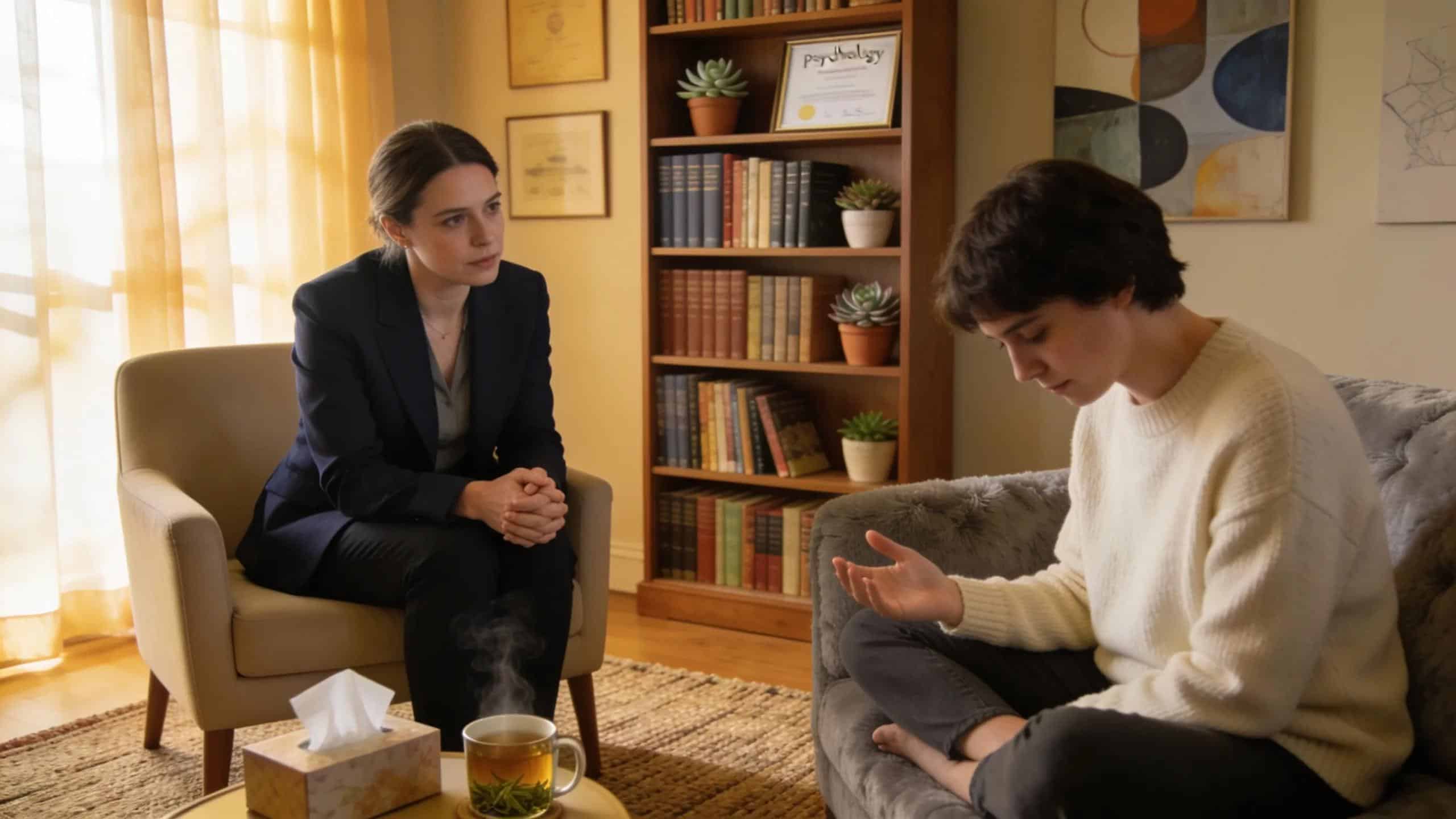 Therapist and client in a supportive traditional therapy session focusing on anxiety and trauma