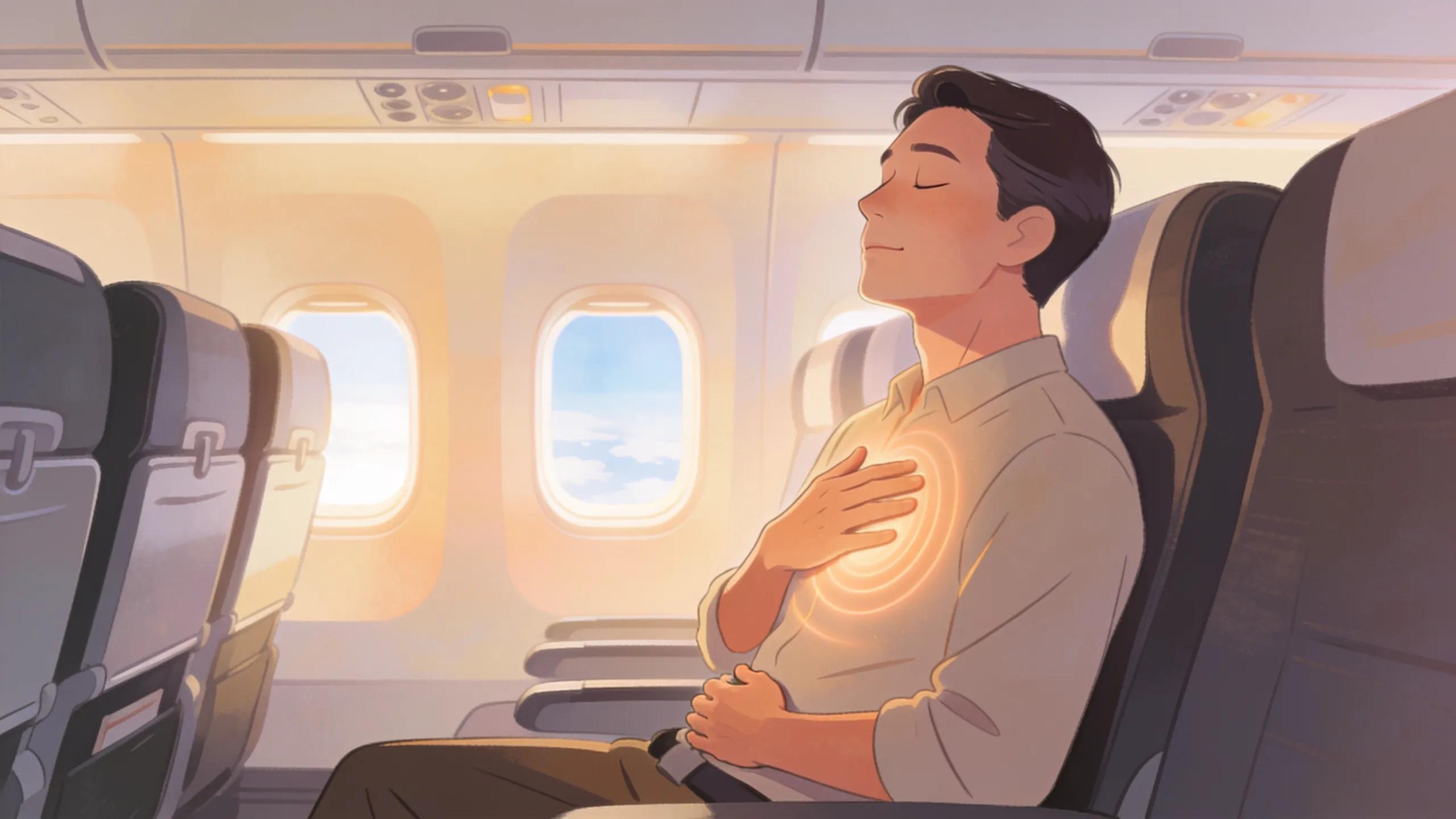 Adult practicing deep breathing on an airplane, representing coping strategies for flight anxiety