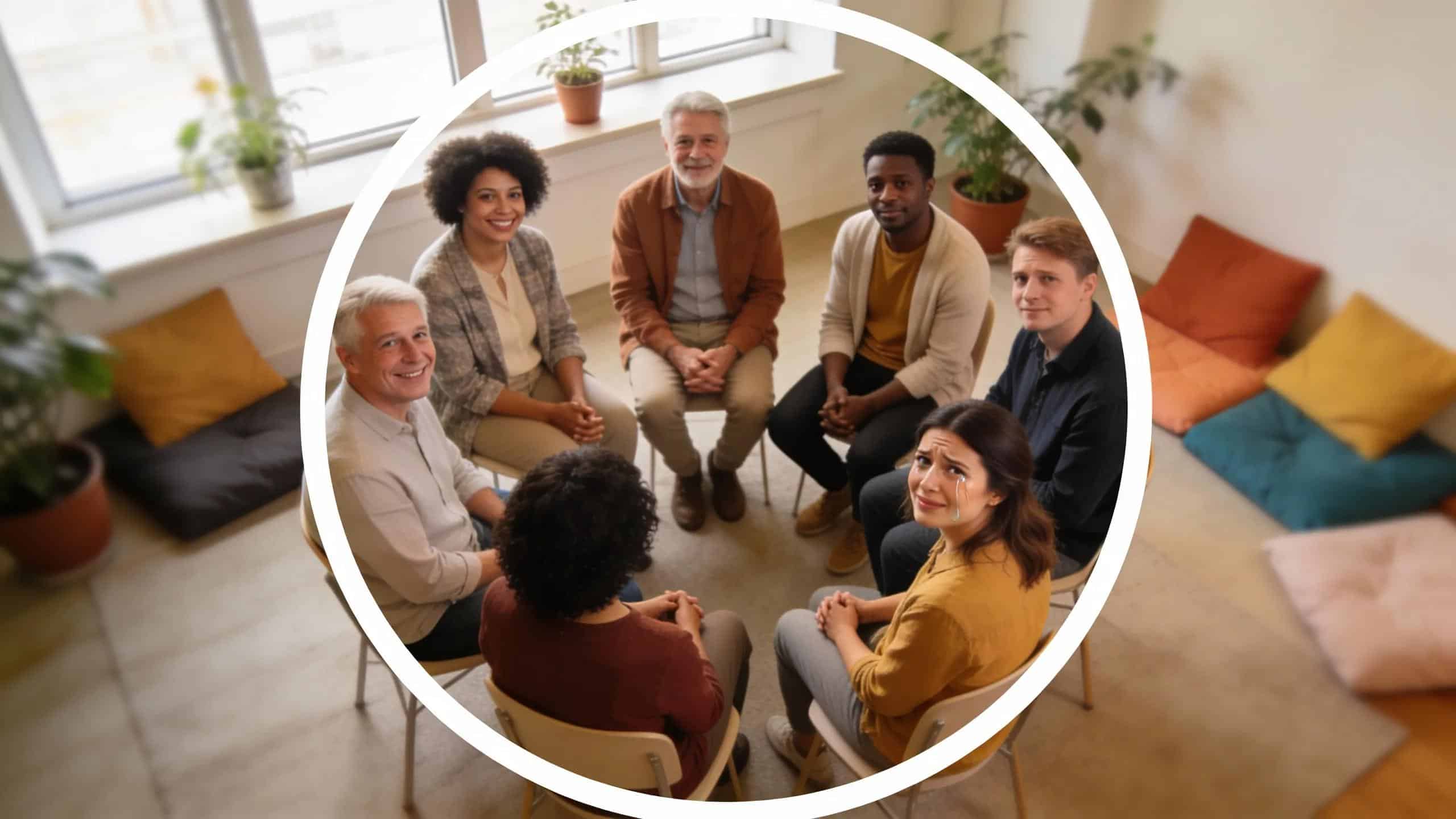 Diverse therapy group discussing the suitability of different PTSD treatment methods, promoting inclusivity in healing.