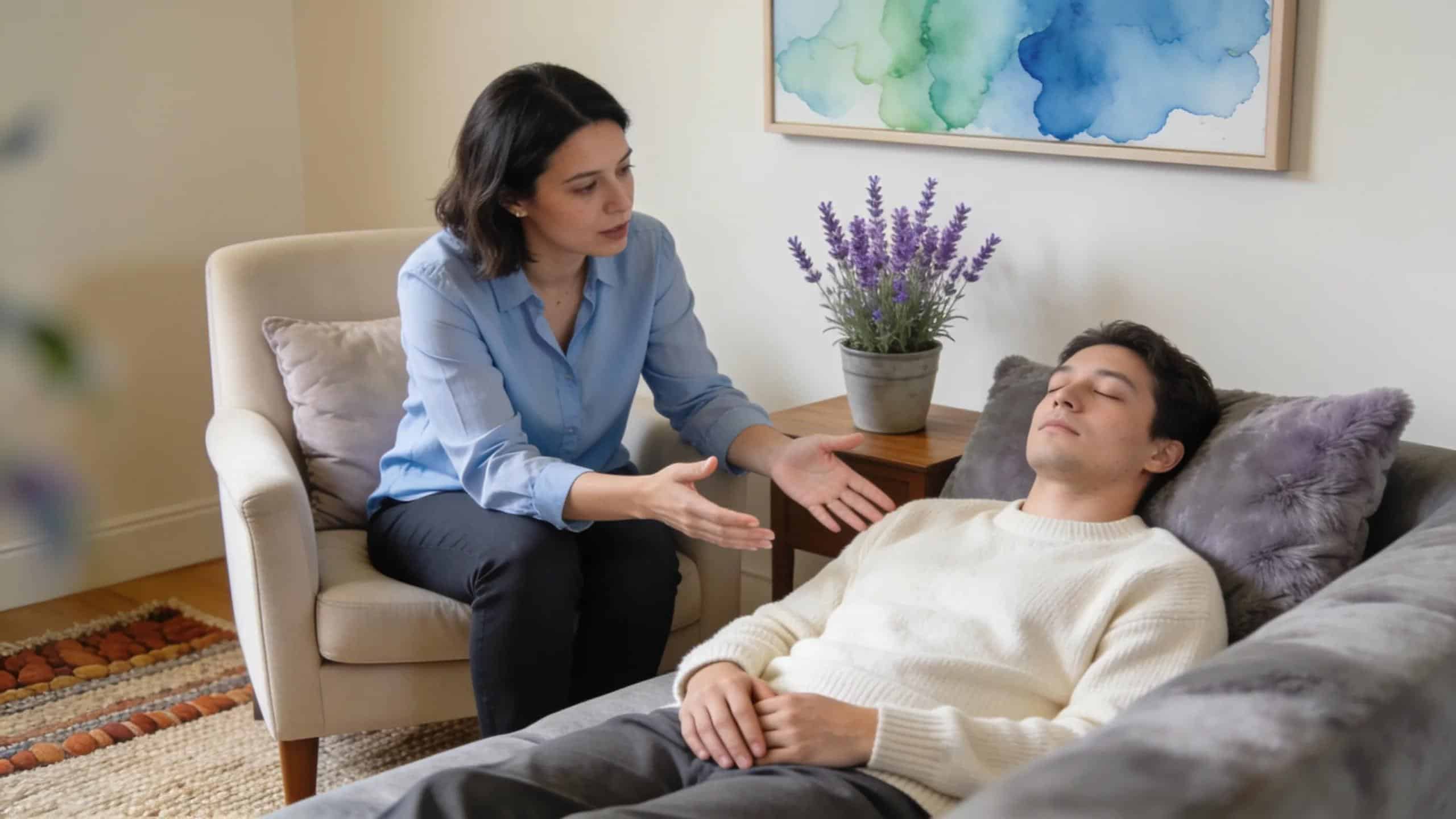 Therapist guiding client in relaxing hypnotherapy session