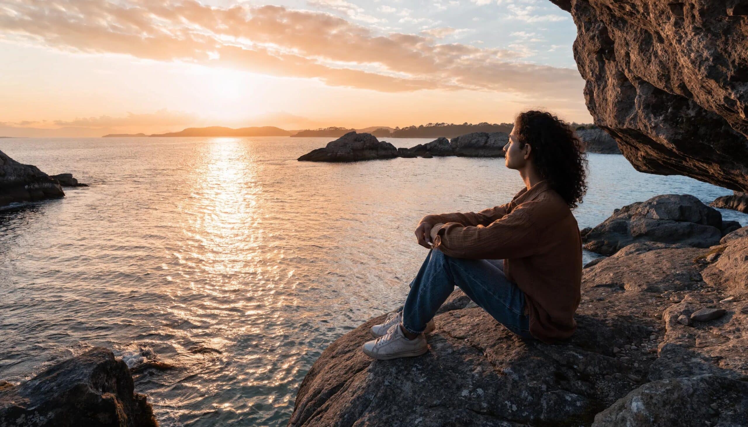 Person reflecting on positive transformations through reframing techniques