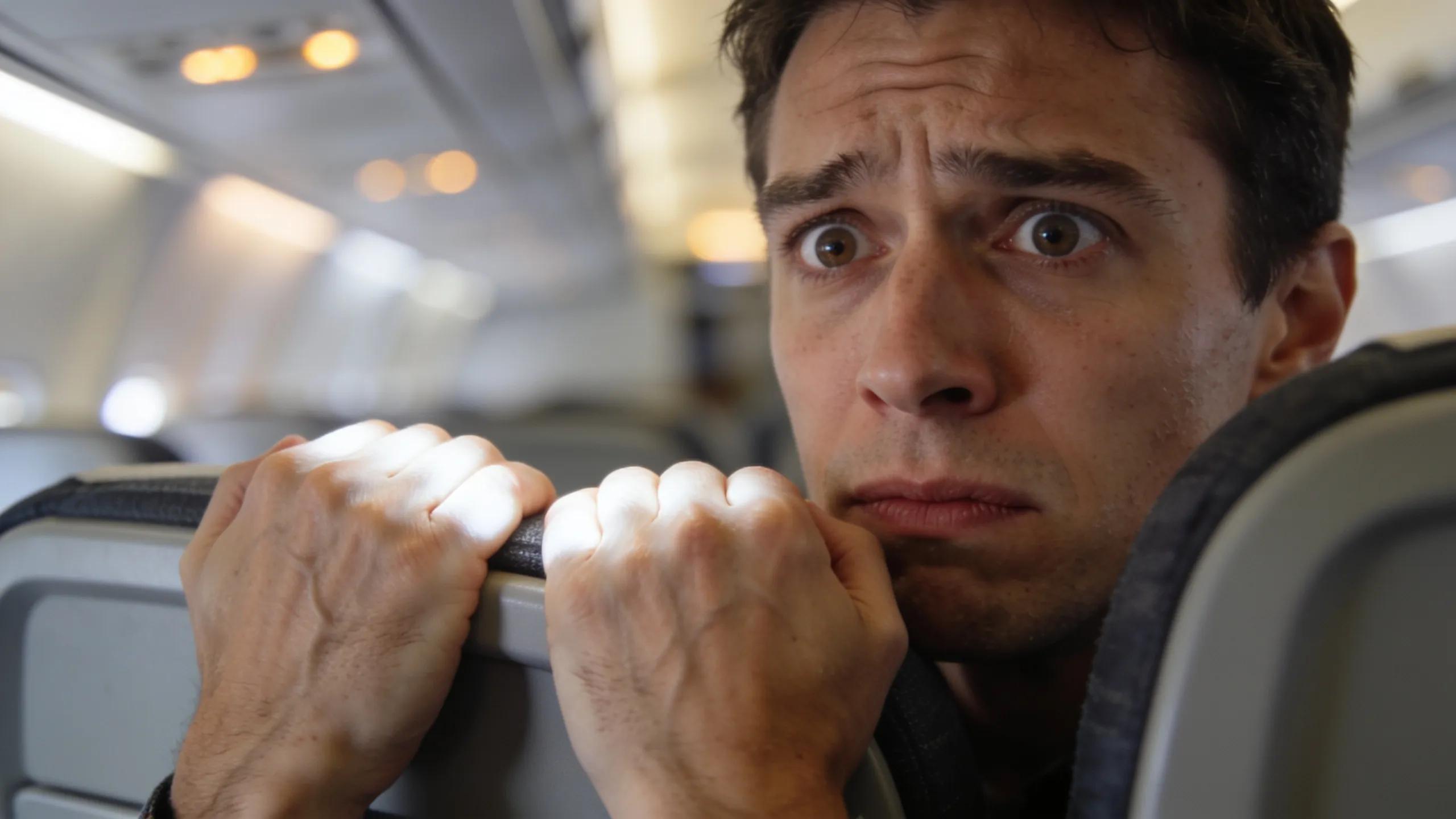 Close-up of anxious traveler gripping armrest during flight expressing panic