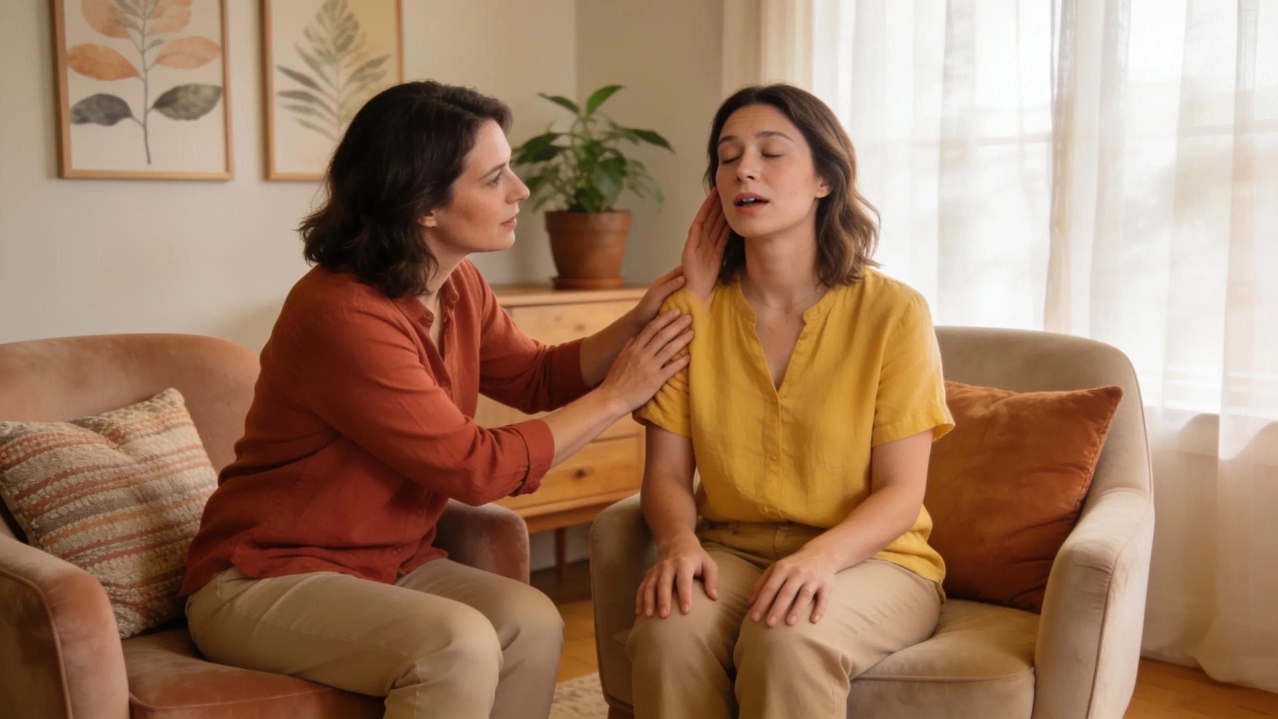 A therapist guiding a client through Havening Techniques® in a cozy and supportive environment.