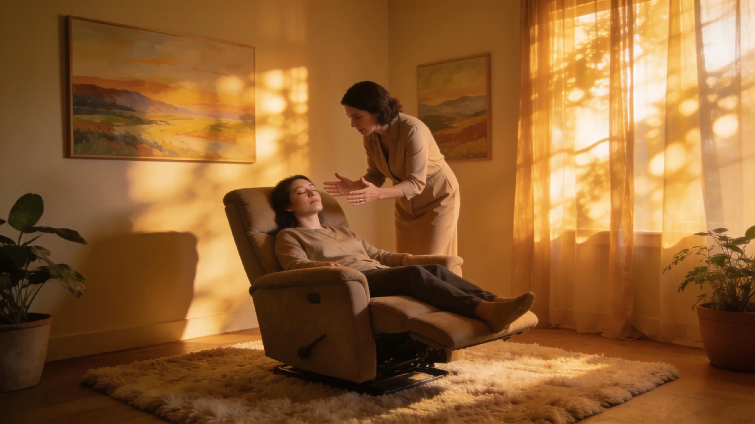 Comfortable therapy room with a hypnotherapist guiding a client into relaxation for fear of flying
