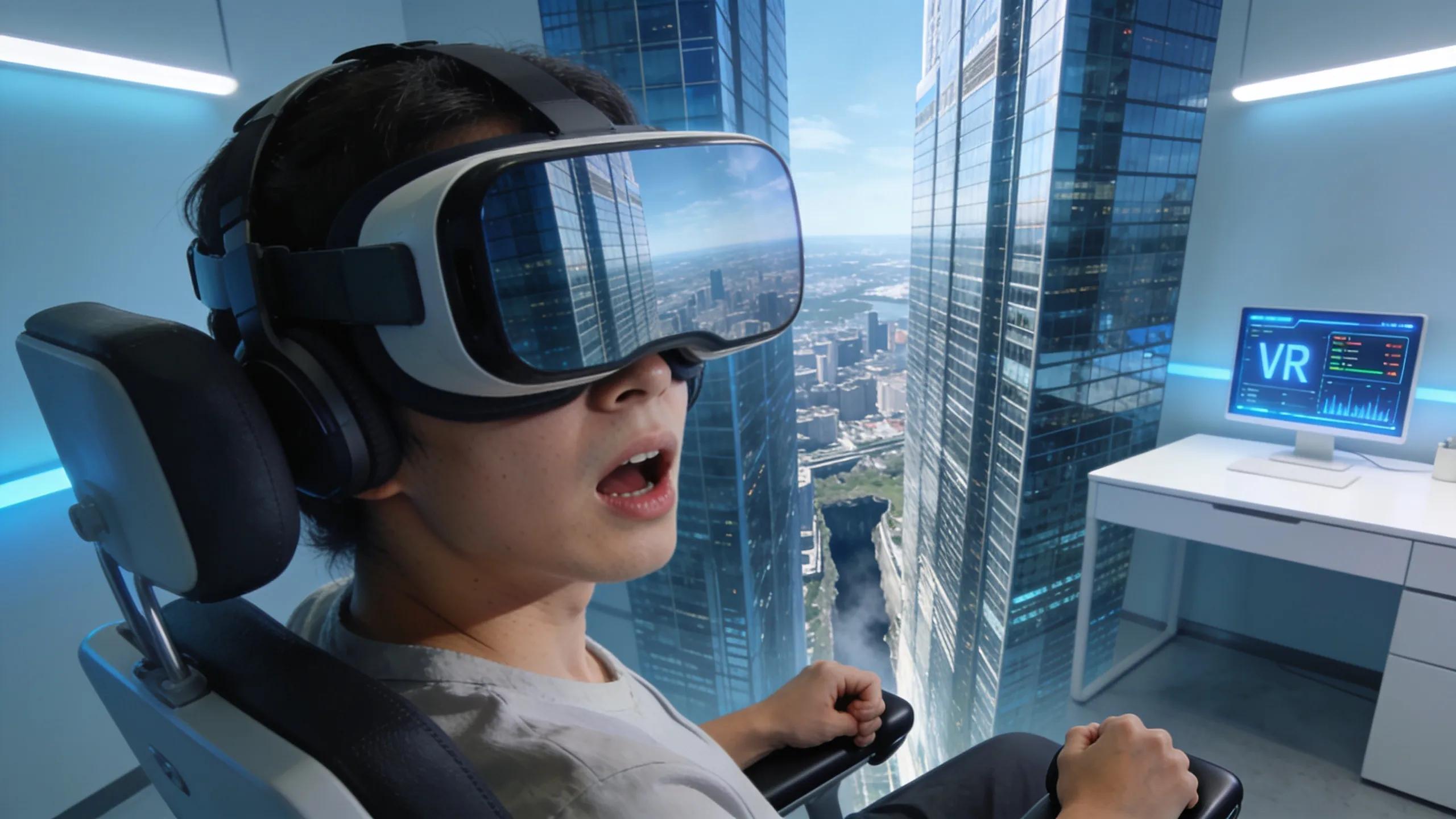 User experiencing simulated heights through virtual reality therapy to manage acrophobia