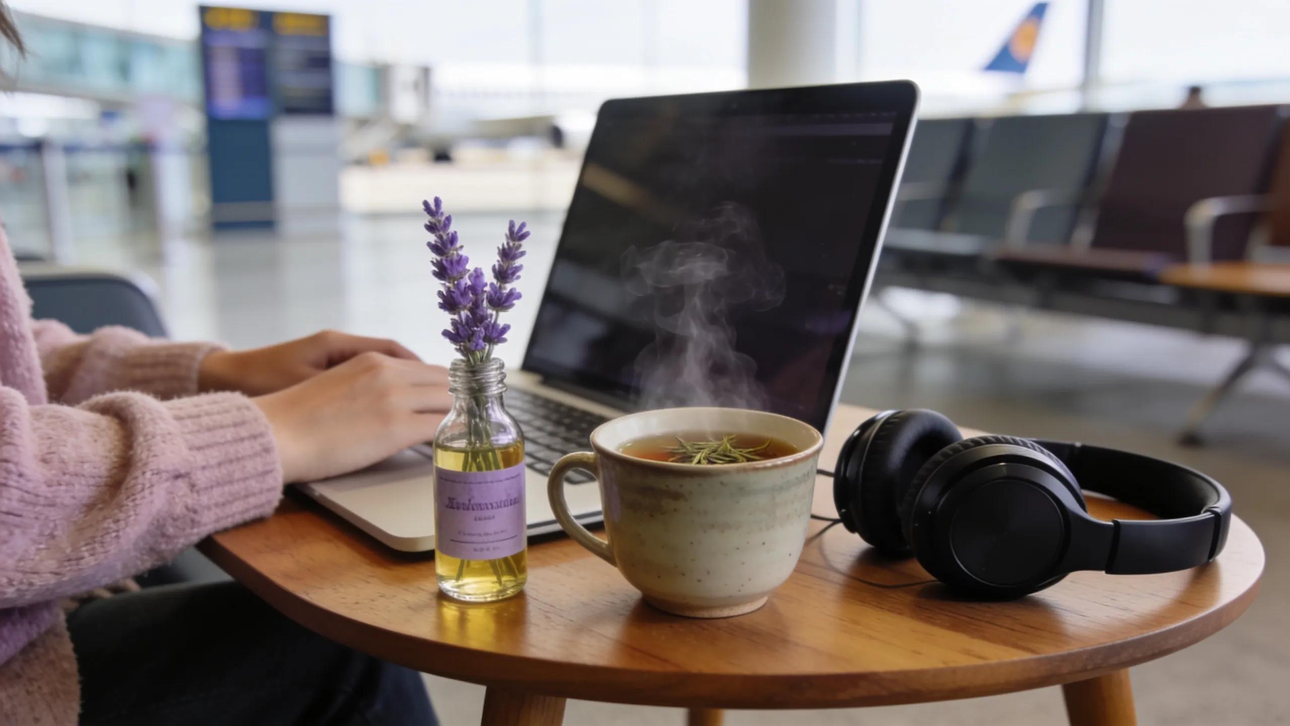 Individual at a table with calming items for mental preparation before flying